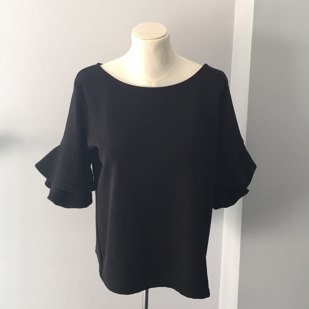 Green Envelope blouse, L, black puffed sleeves